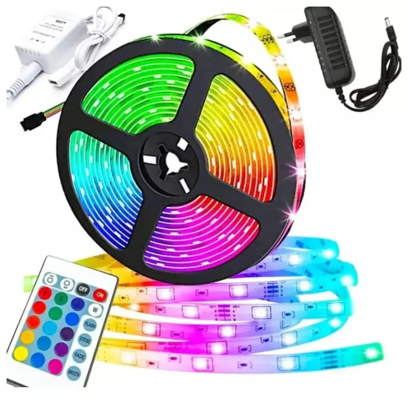 Fita LED RGB Colorida 5m 3528 à Prova D'Água com Fonte e Controle Remoto – Flexível 12V