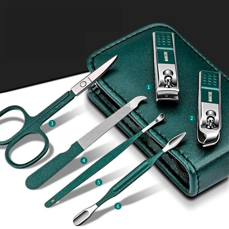 Conjunto Portátil de Manicure e Pedicure 7 Peças Aço Inoxidável Verde com Estojo