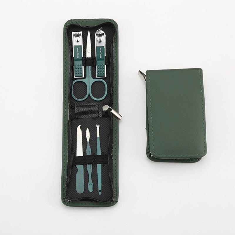 Conjunto Portátil de Manicure e Pedicure 7 Peças Aço Inoxidável Verde com Estojo