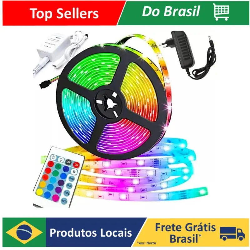 Fita LED RGB Colorida 5m 3528 à Prova D'Água com Fonte e Controle Remoto – Flexível 12V