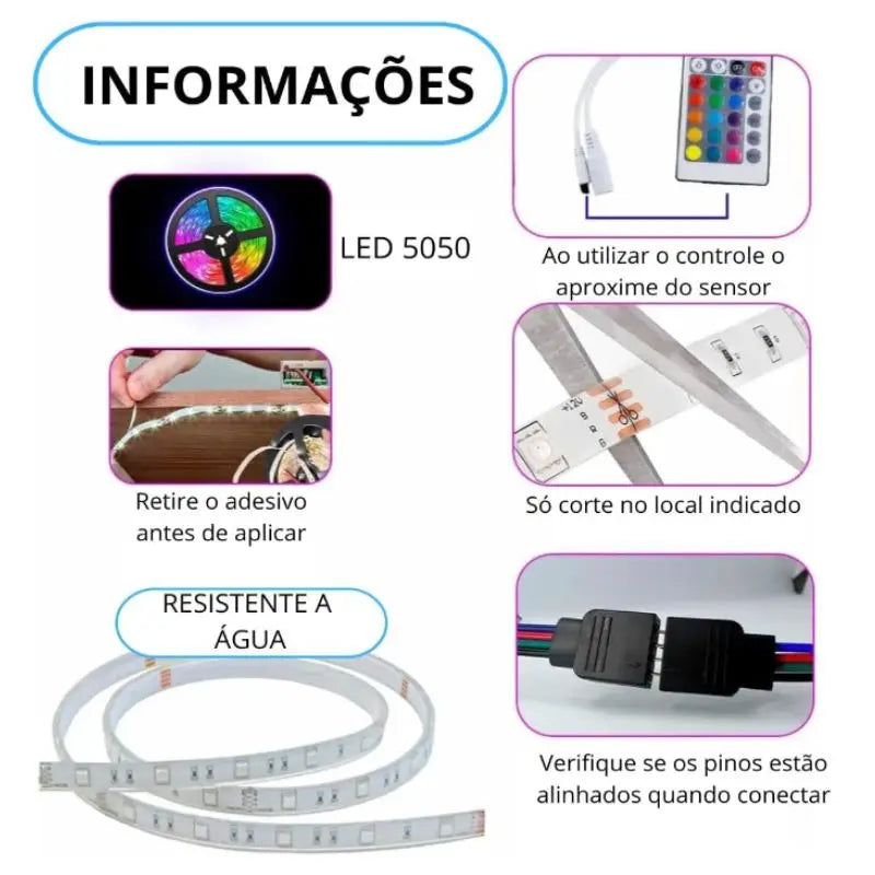 Fita LED RGB Colorida 5m 3528 à Prova D'Água com Fonte e Controle Remoto – Flexível 12V