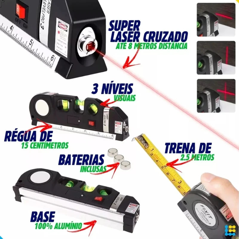 Nível a Laser com Trena Embutida 2,5m – Ferramenta Profissional Level Pro 3 com Régua e 3 Linhas de Medição