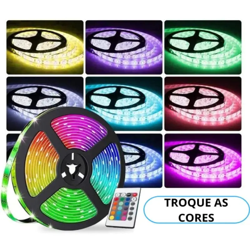 Fita LED RGB Colorida 5m 3528 à Prova D'Água com Fonte e Controle Remoto – Flexível 12V