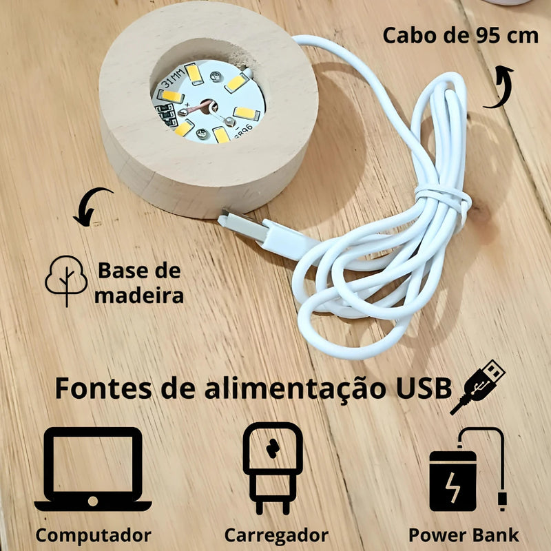 Luminária Bola de Cristal 3D – Sistema Solar, Galáxia, Terra ou Lua com Base de Madeira LED