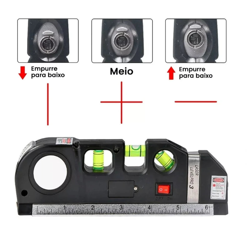Nível a Laser com Trena Embutida 2,5m – Ferramenta Profissional Level Pro 3 com Régua e 3 Linhas de Medição