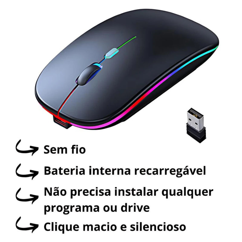 Mouses Wireless Recarregável Led RGB 2.4 GHz Sem Fio