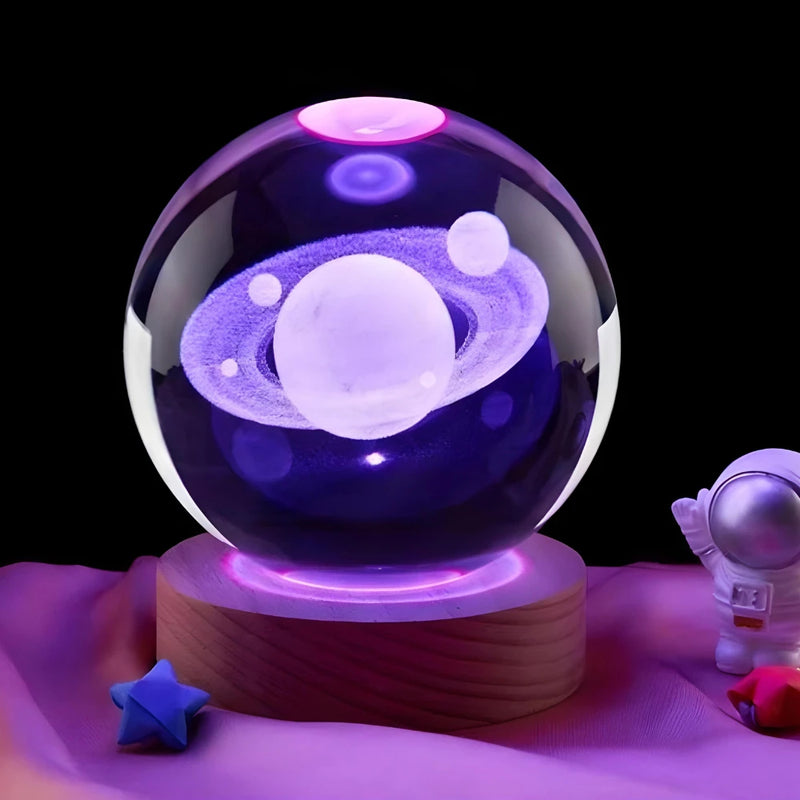 Luminária Bola de Cristal 3D – Sistema Solar, Galáxia, Terra ou Lua com Base de Madeira LED