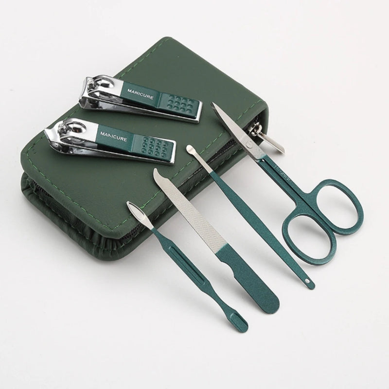Conjunto Portátil de Manicure e Pedicure 7 Peças Aço Inoxidável Verde com Estojo