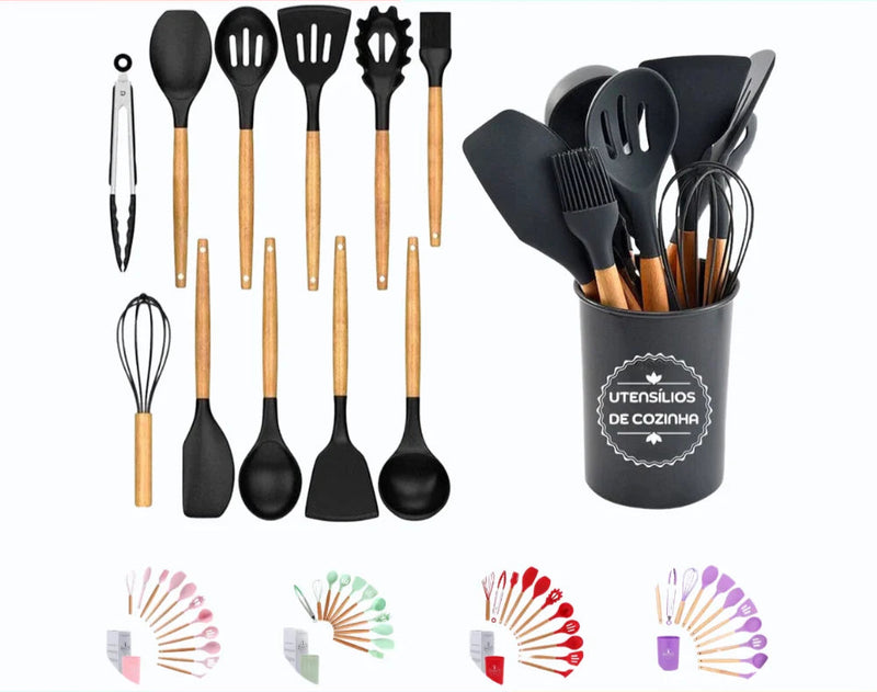 Kit 12 Utensílios de Cozinha com Cabo de Madeira + Pote – Praticidade e Durabilidade para Sua Cozinha!