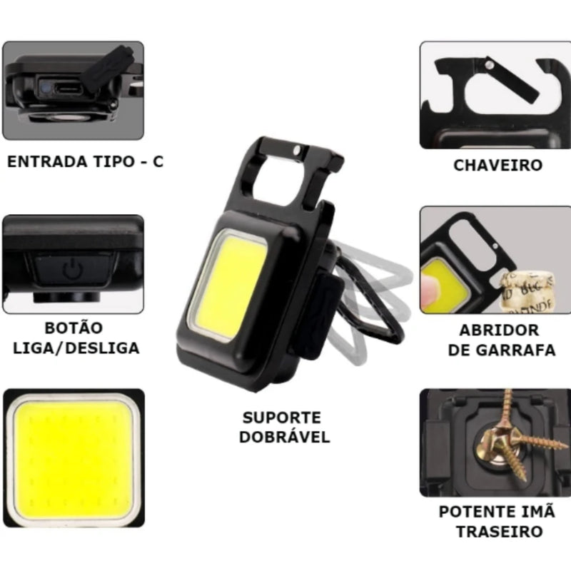 Mini Lanterna LED Recarregável 4 em 1 – 4 Modos de Luz, Ímã, Abridor de Garrafas e Mosquetão Portátil