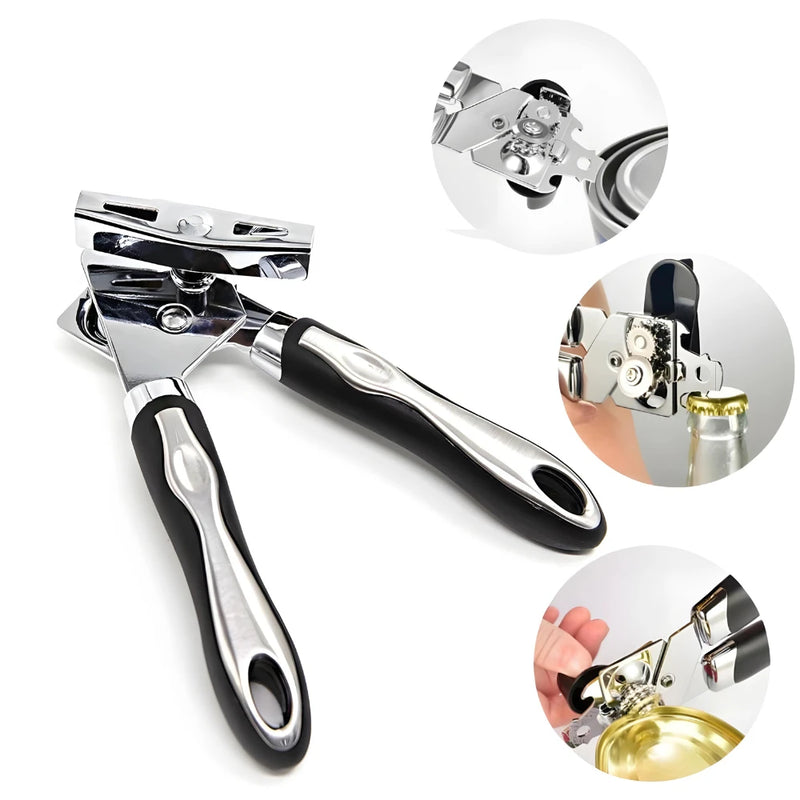 Abridor de Latas e Garrafas 3 em 1 em Aço Inox – Profissional, Prático e Durável para Cozinha