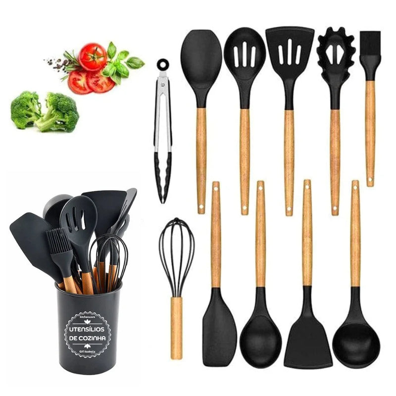 Kit 12 Utensílios de Cozinha com Cabo de Madeira + Pote – Praticidade e Durabilidade para Sua Cozinha!