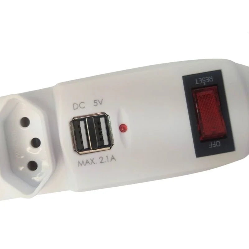 Filtro de Linha Régua 6 Tomadas + 2 USB Carregador Rápido | Tripolar Bivolt | Liga/Desliga | Antichamas