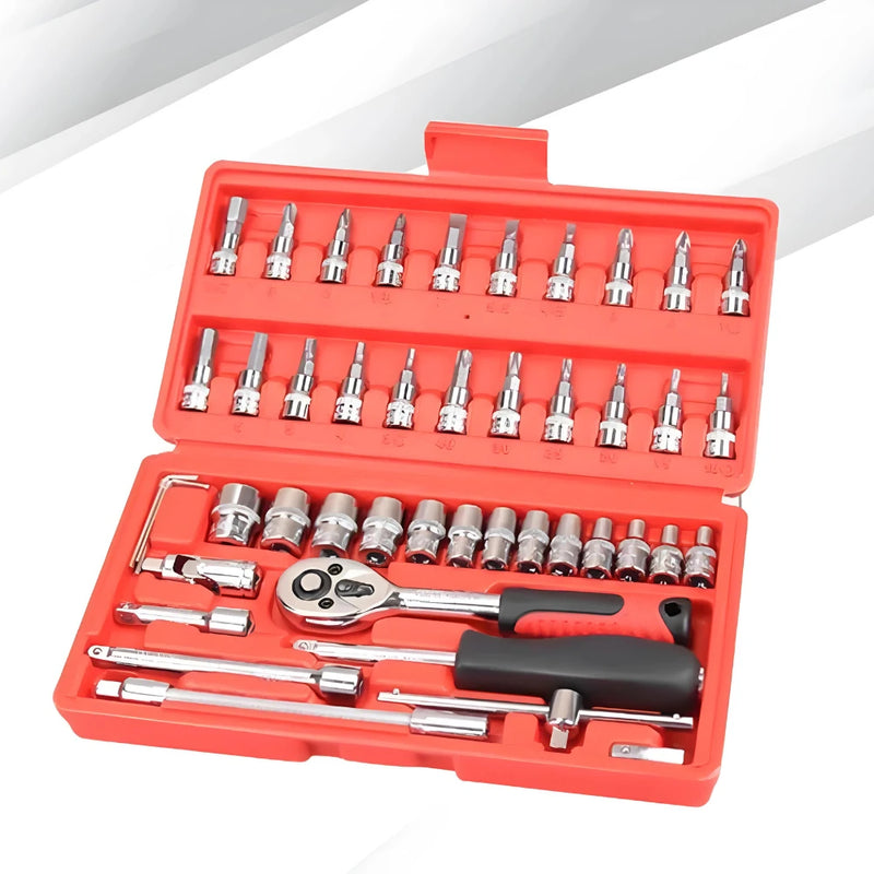 Kit de Ferramentas 46 Peças com Catraca Reversível – Solução Completa para Reparos e Manutenção em Casa ou no Trabalho