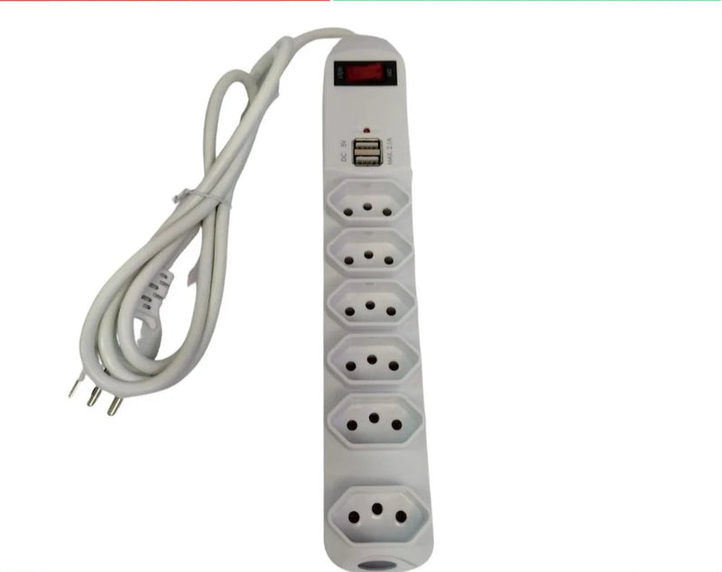 Filtro de Linha Régua 6 Tomadas + 2 USB Carregador Rápido | Tripolar Bivolt | Liga/Desliga | Antichamas