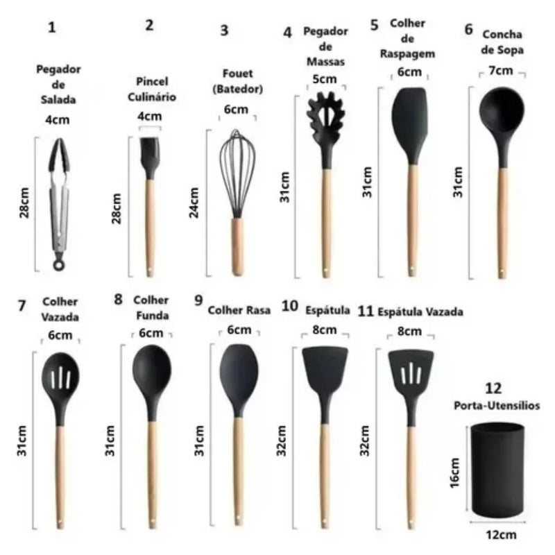 Kit 12 Utensílios de Cozinha com Cabo de Madeira + Pote – Praticidade e Durabilidade para Sua Cozinha!